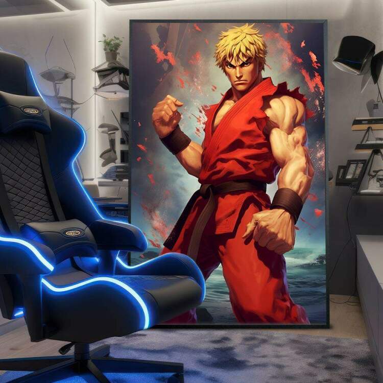 Quadro Decorativo Inspirado no Jogo Street Fighter Personagem Lutador com Kimono Todo Vermelho