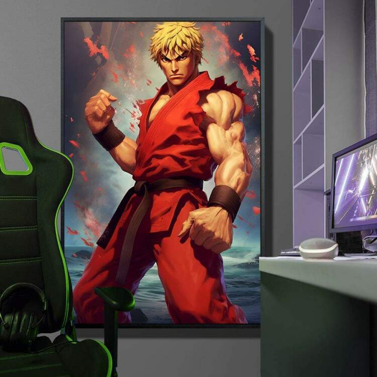 Quadro Decorativo Inspirado no Jogo Street Fighter Personagem Lutador com Kimono Todo Vermelho