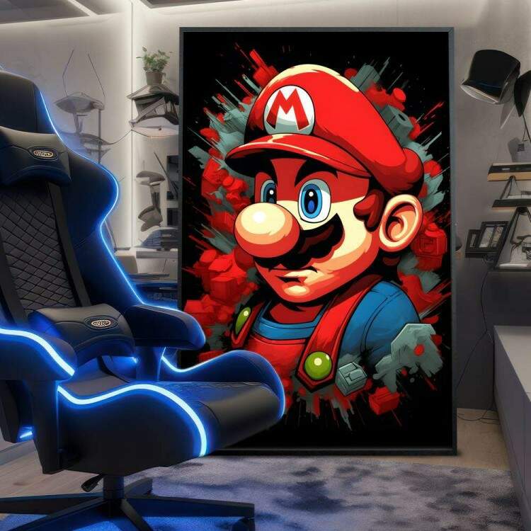 Quadro Decorativo Inspirado em Jogo Super Mario Desenho Fundo Preto