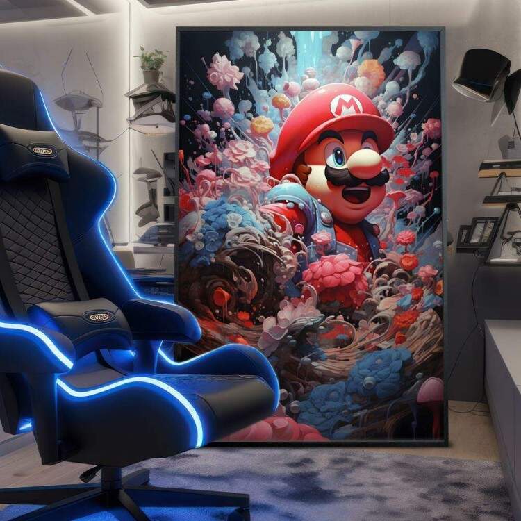 Quadro Decorativo Inspirado em Jogo Super Mario com Arte Abstrata de Flores