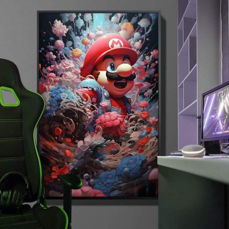 Quadro Decorativo Inspirado em Jogo Super Mario com Arte Abstrata de Flores