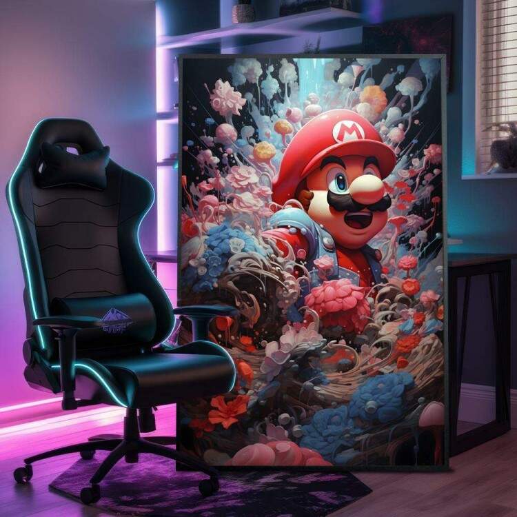 Quadro Decorativo Inspirado em Jogo Super Mario com Arte Abstrata de Flores