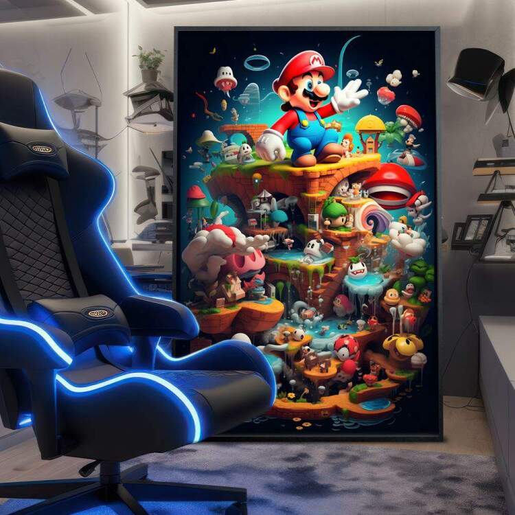 Quadro Decorativo Inspirado em Jogo Super Mario Repleto de Personagens do Jogo