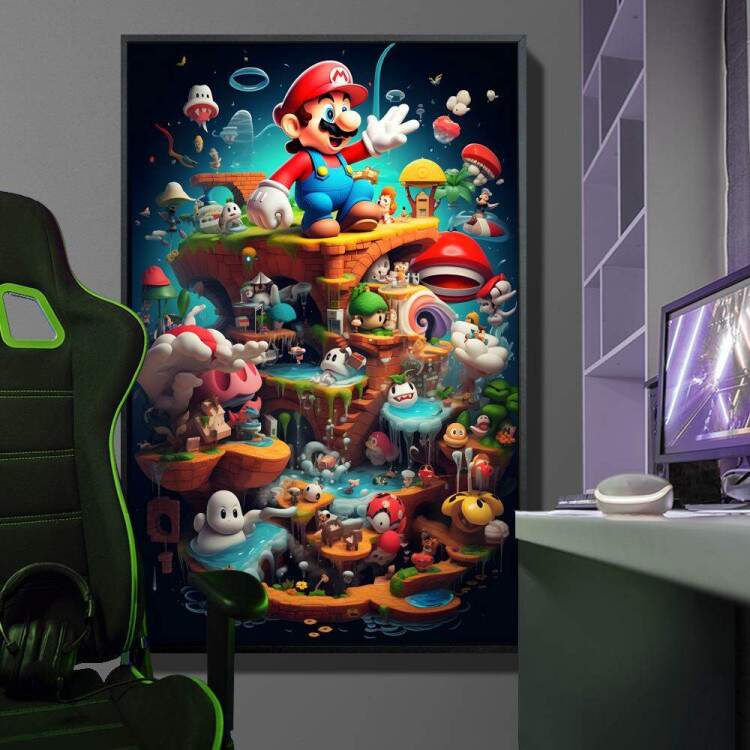 Quadro Decorativo Inspirado em Jogo Super Mario Repleto de Personagens do Jogo