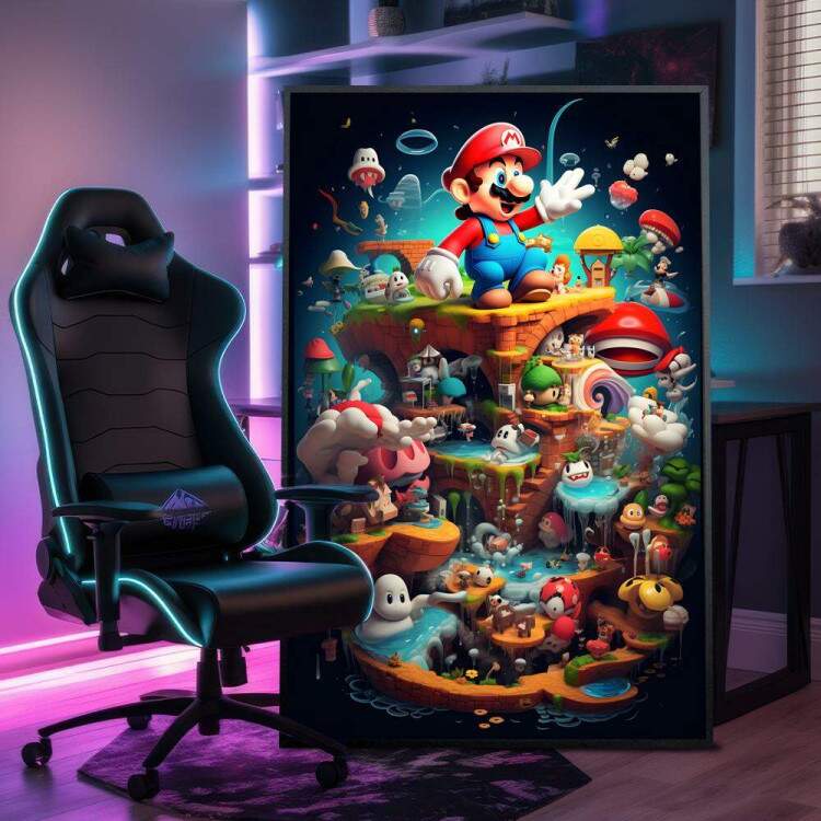 Quadro Decorativo Inspirado em Jogo Super Mario Repleto de Personagens do Jogo