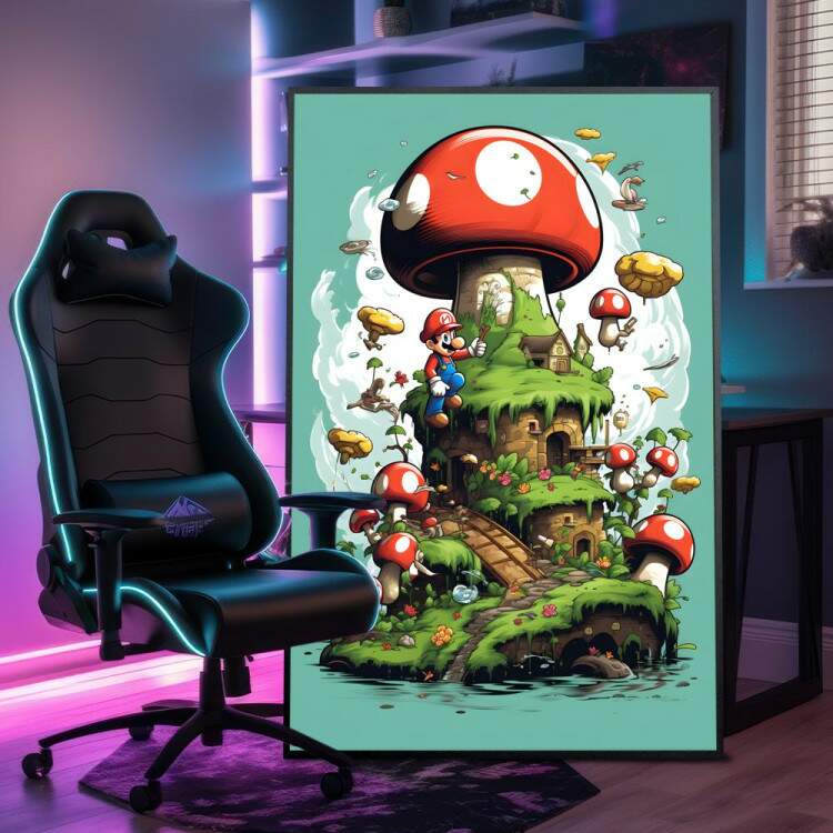 Quadro Decorativo Inspirado em Jogo Super Mario Cogumelos Gigantes