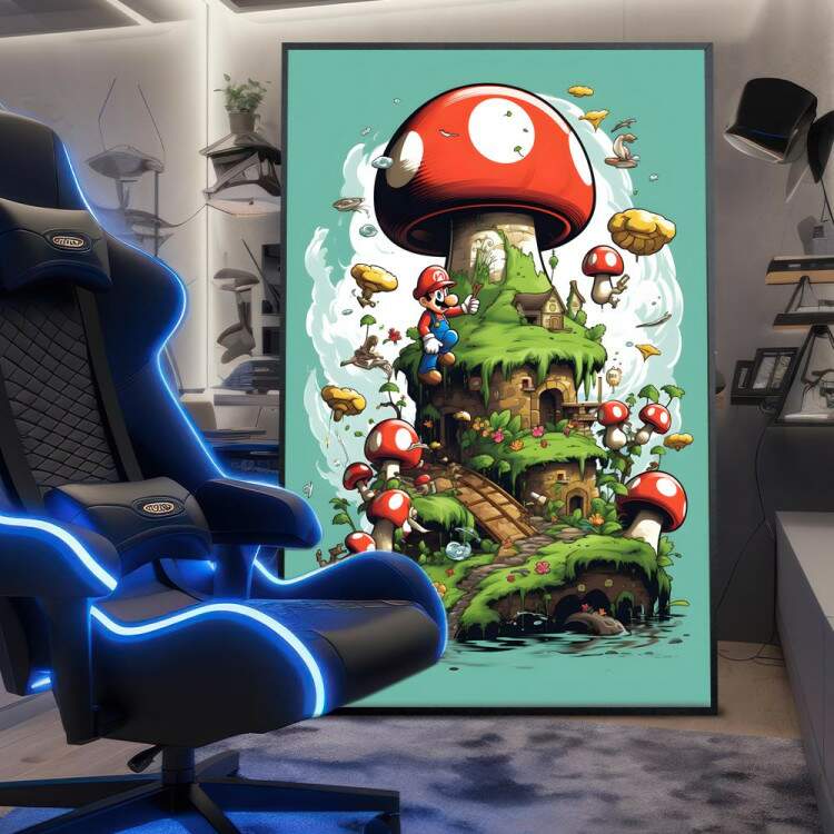 Quadro Decorativo Inspirado em Jogo Super Mario Cogumelos Gigantes