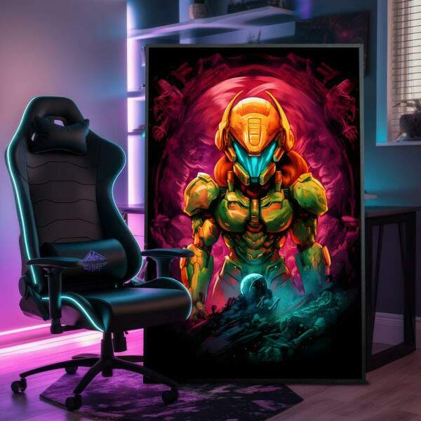 Quadro Decorativo Inspirado em Jogo Super Metroid Retr Personagem Todo Laranja