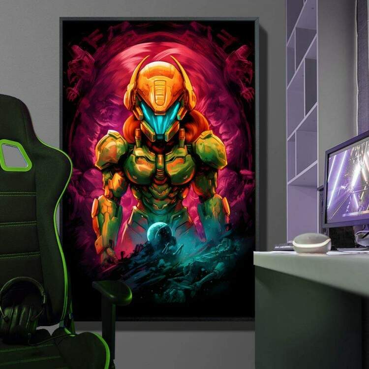 Quadro Decorativo Inspirado em Jogo Super Metroid Retr Personagem Todo Laranja