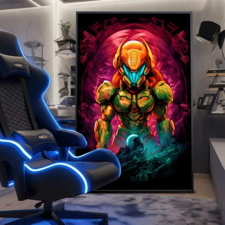 Quadro Decorativo Inspirado em Jogo Super Metroid Retr Personagem Todo Laranja