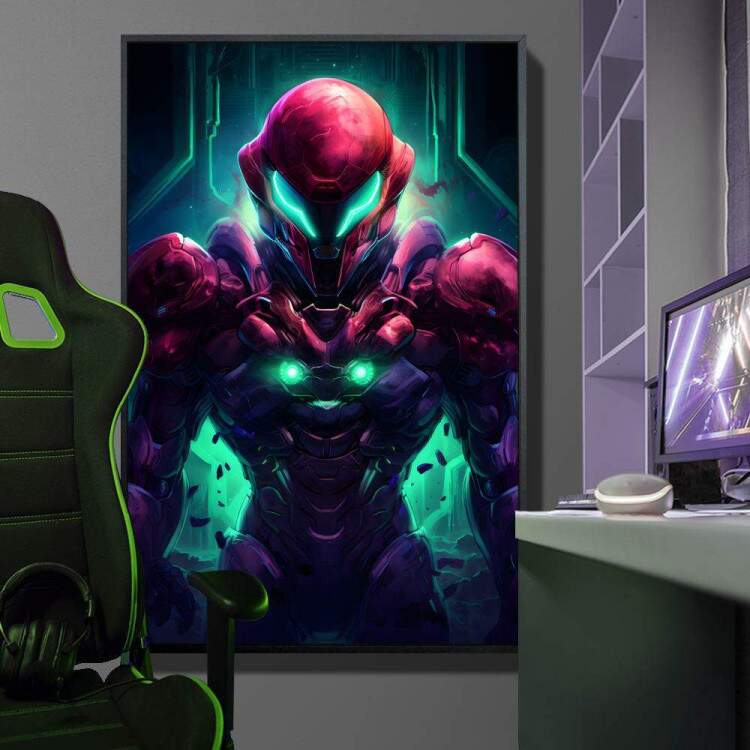 Quadro Decorativo Inspirado em Jogo Super Metroid Retr Personagem Todo Rosa e Roxo com Iluminao Verde