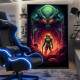 Quadro Decorativo Inspirado em Jogo Super Metroid Retr� Monstro com Olhos Vermelhos e Ilumina��o Verde