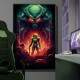 Quadro Decorativo Inspirado em Jogo Super Metroid Retr� Monstro com Olhos Vermelhos e Ilumina��o Verde