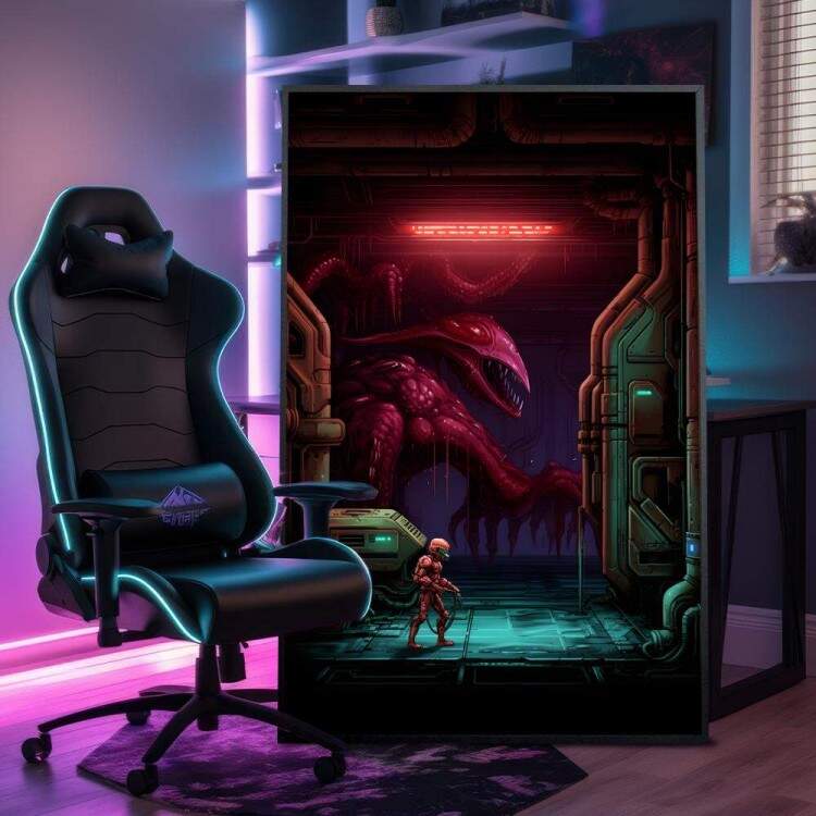 Quadro Decorativo Inspirado em Jogo Super Metroid Retr Monstro Rosa