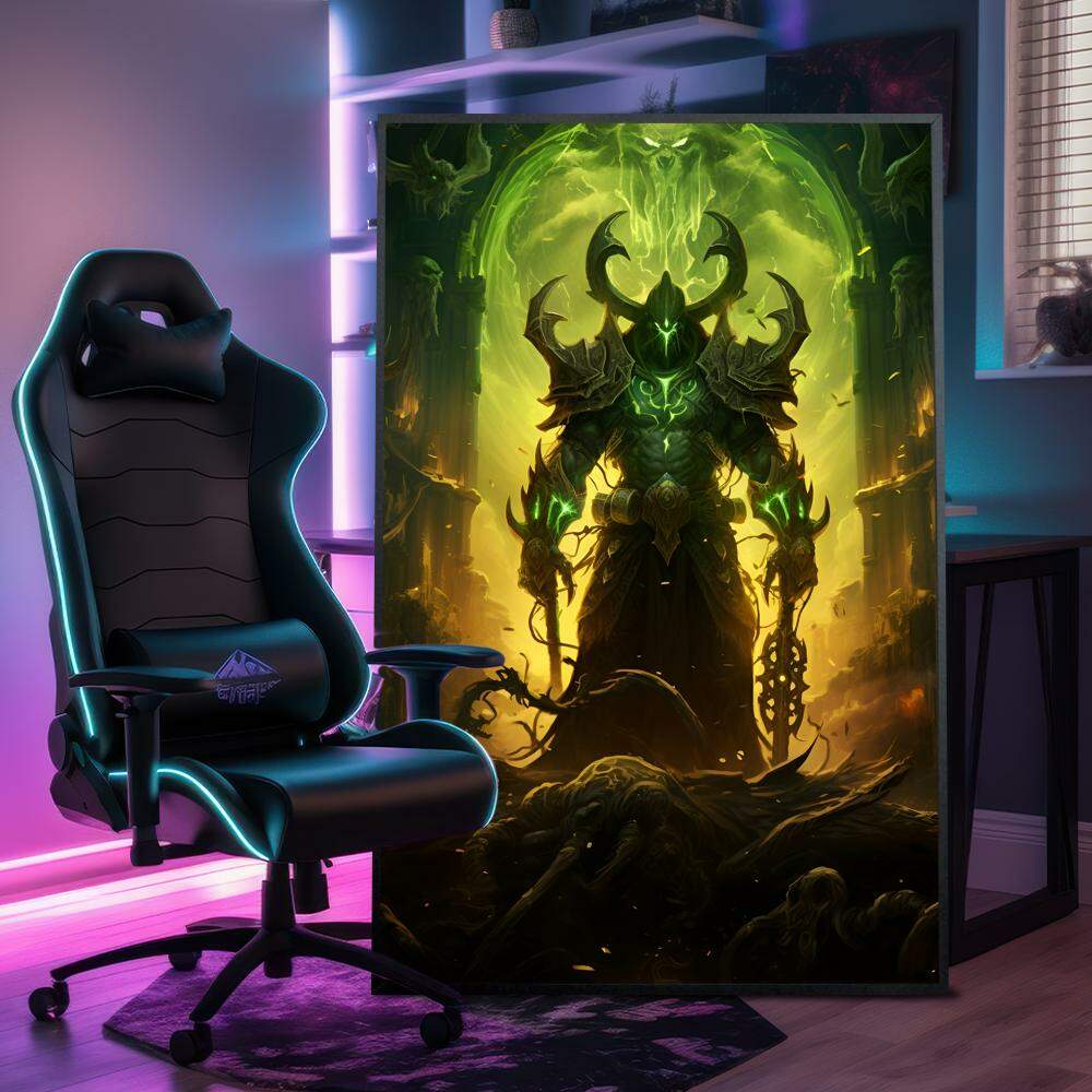 Quadro Decorativo Inspirado em Jogo World of Warcraft Estilo RPG Ilumina��o Verde em Personagem com Armadura
