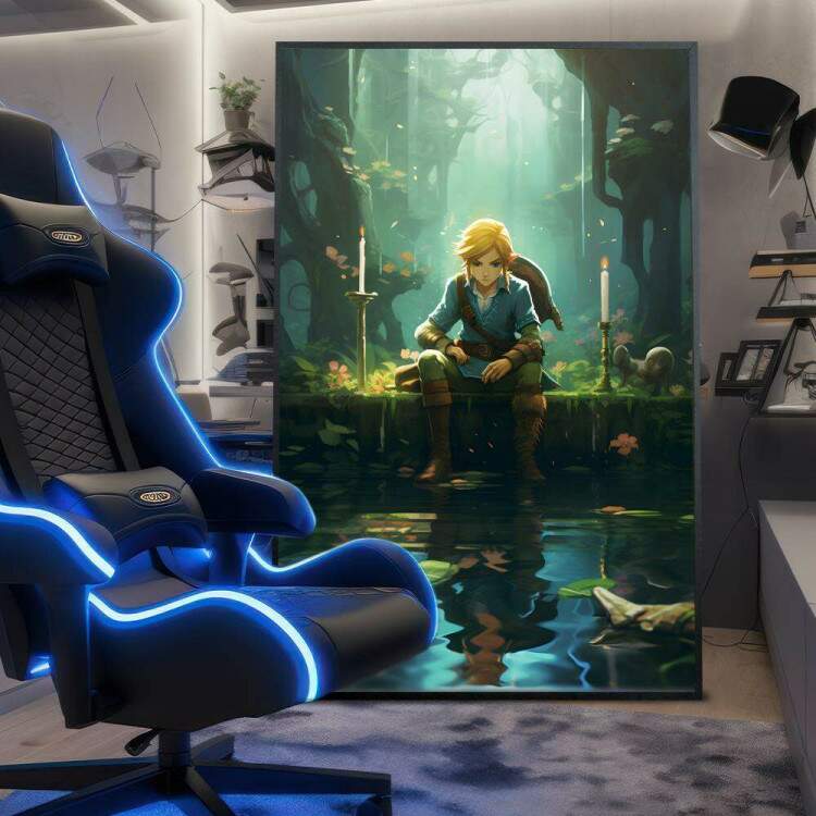 Quadro Decorativo Inspirada em Jogo The Legend of Zelda Estilo RPG Personagem Sentado Refletindo em Rio