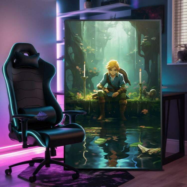 Quadro Decorativo Inspirada em Jogo The Legend of Zelda Estilo RPG Personagem Sentado Refletindo em Rio