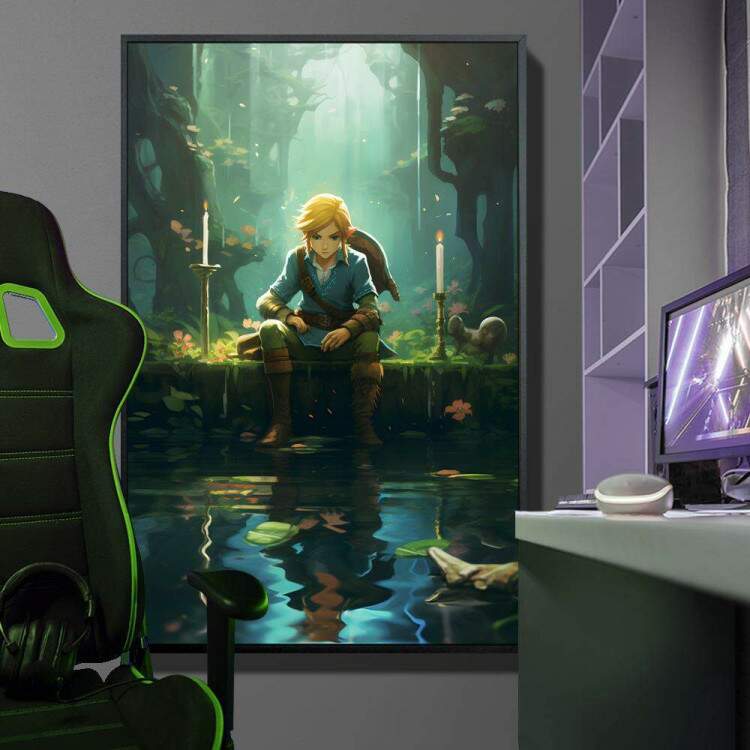 Quadro Decorativo Inspirada em Jogo The Legend of Zelda Estilo RPG Personagem Sentado Refletindo em Rio