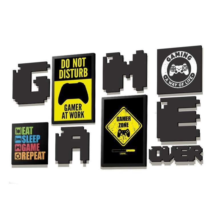 Quadro Decorativo em Formato de Conjuntos Game Over em Preto e Amarelo