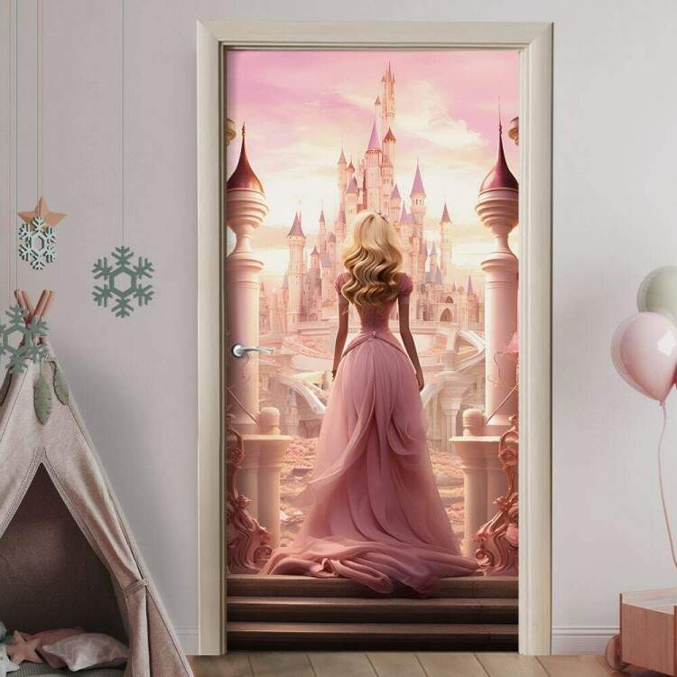 Adesivo de Porta Coleo Inspirada em Princesa com Lindo Vestido Rosa Delicado e Castelo no Fundo