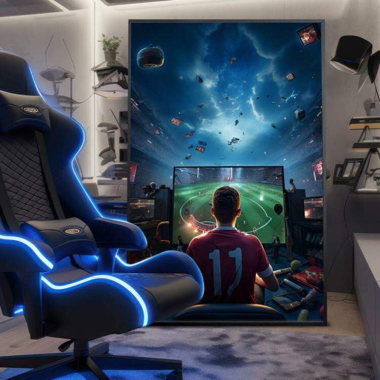 Quadro Decorativo Rapaz Jogando Vdeo-Game de Futebol em Seu Quarto com Cu Inspirado em Galaxia