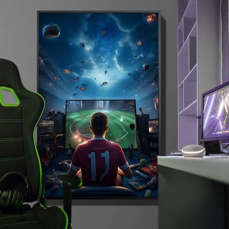 Quadro Decorativo Rapaz Jogando Vdeo-Game de Futebol em Seu Quarto com Cu Inspirado em Galaxia