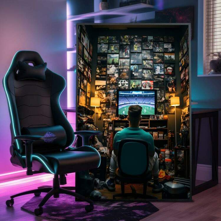 Quadro Decorativo Rapaz Jogando Vdeo-Game de Futebol em Seu Quarto com Repleto de Quadro de Jogadores em Campo