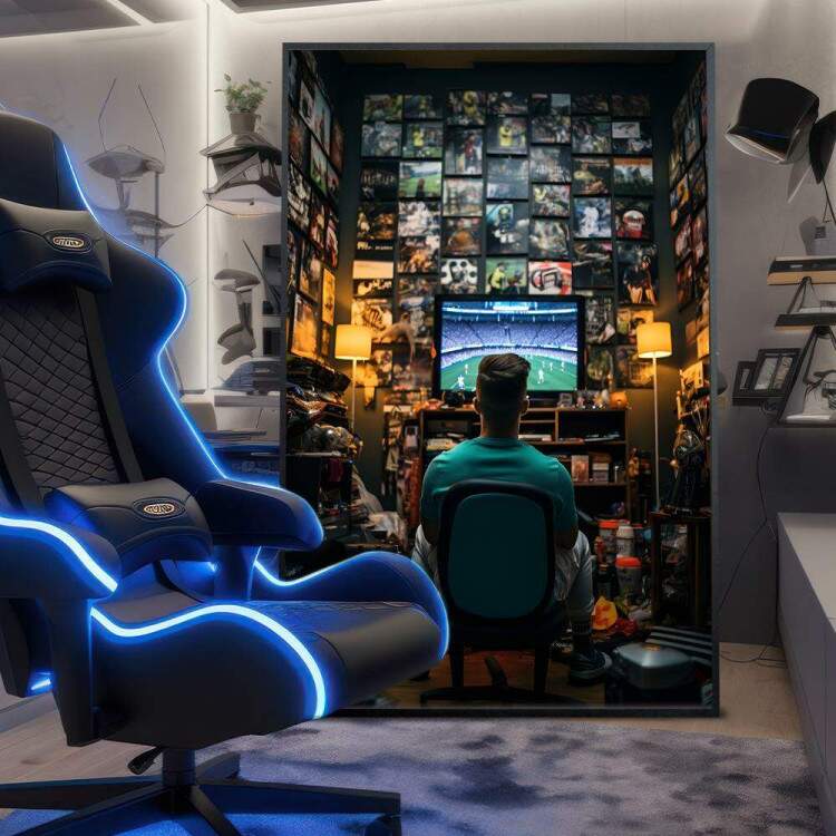 Quadro Decorativo Rapaz Jogando Vdeo-Game de Futebol em Seu Quarto com Repleto de Quadro de Jogadores em Campo