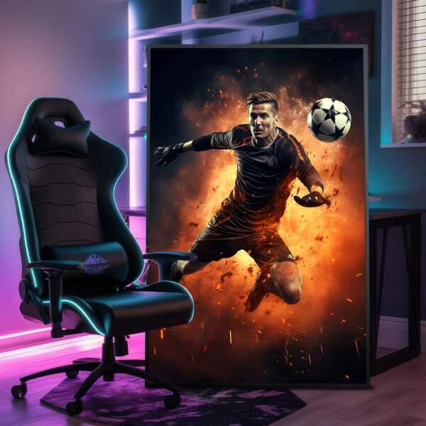 Quadro Decorativo Inspirado em Game de Futebol o Jogador que No Desiste Estilo Fascas de Fogo no Fundo