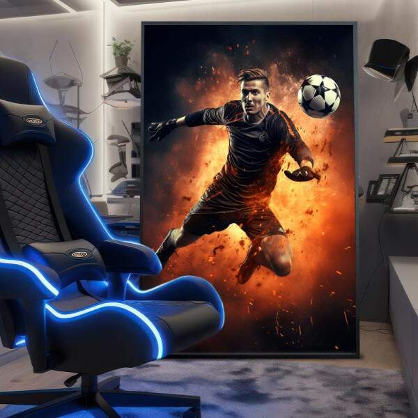 Quadro Decorativo Inspirado em Game de Futebol o Jogador que No Desiste Estilo Fascas de Fogo no Fundo