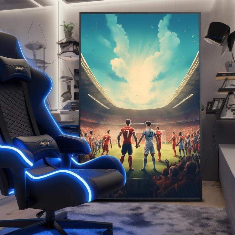 Quadro Decorativo Inspirado em Game de Futebol Jogadores em Campo e Arena Lotada