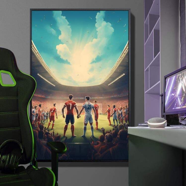 Quadro Decorativo Inspirado em Game de Futebol Jogadores em Campo e Arena Lotada