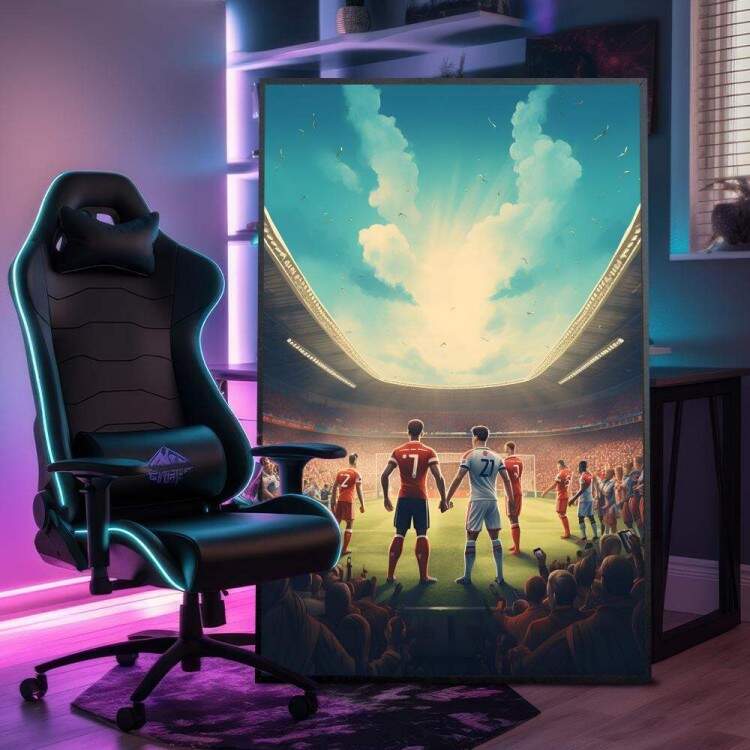 Quadro Decorativo Inspirado em Game de Futebol Jogadores em Campo e Arena Lotada