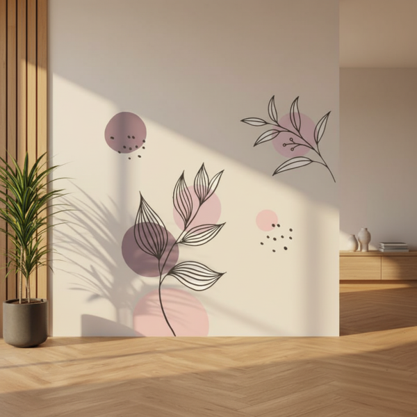 Adesivo de Parede Folhagem e Detalhes Rosa Boho