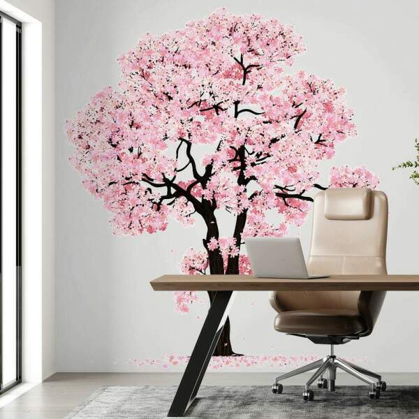 Adesivo de Parede rvore com Flores Rosas Delicadas