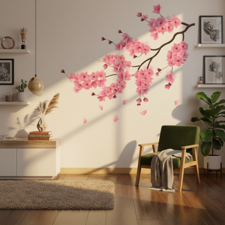 Adesivo de Parede Floral Sakura em Galhos Repleto de Flores Rosas