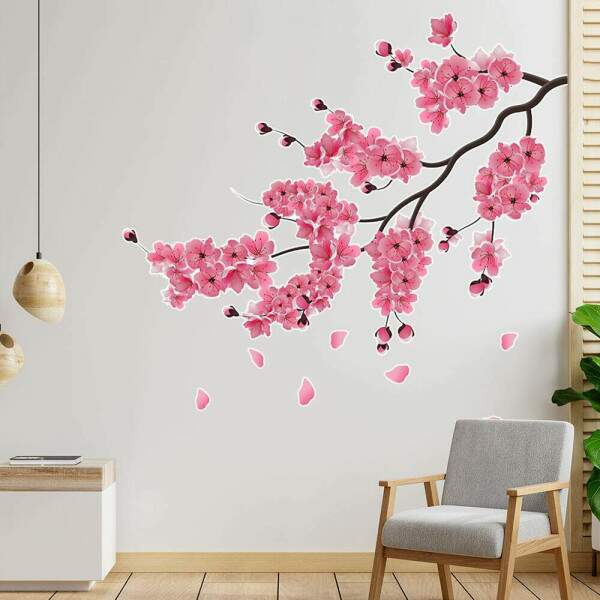 Adesivo de Parede Floral Sakura em Galhos Repleto de Flores Rosas