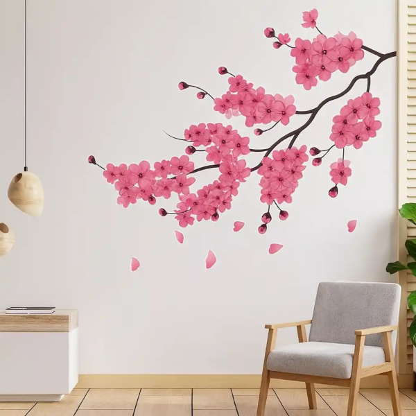 Adesivo de Parede Floral Sakura em Galhos Repleto de Flores Rosas