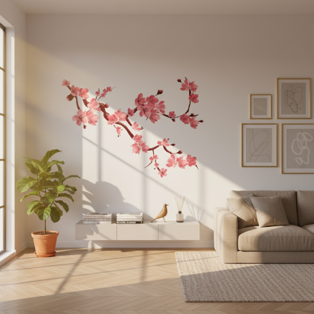 Adesivo de Parede Floral Sakura em Galhos Repleto de Flores Vermelhas