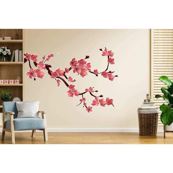 Adesivo de Parede Floral Sakura em Galhos Repleto de Flores Vermelhas