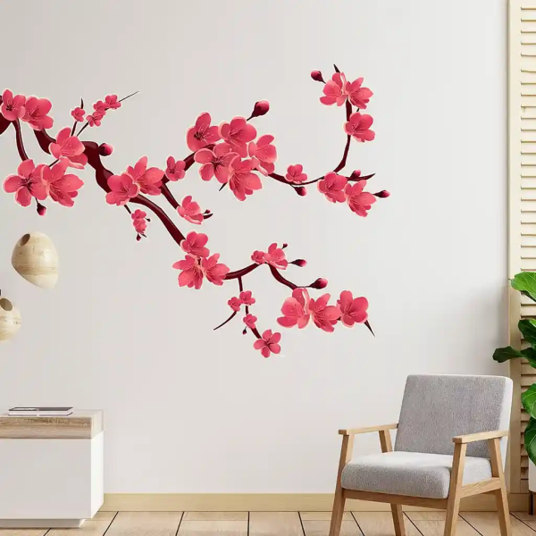 Adesivo de Parede Floral Sakura em Galhos Repleto de Flores Vermelhas