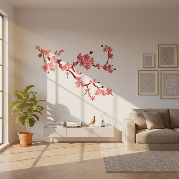 Adesivo de Parede Floral Sakura em Galhos Repleto de Flores Vermelhas