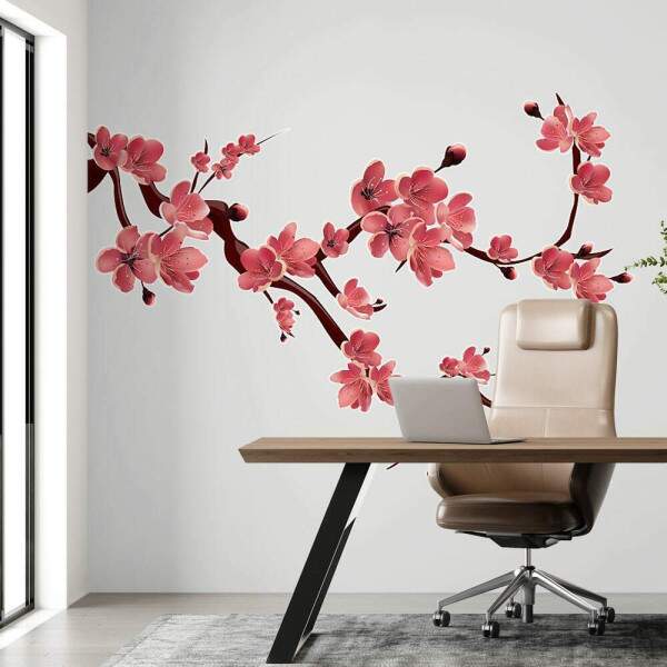 Adesivo de Parede Floral Sakura em Galhos Repleto de Flores Vermelhas
