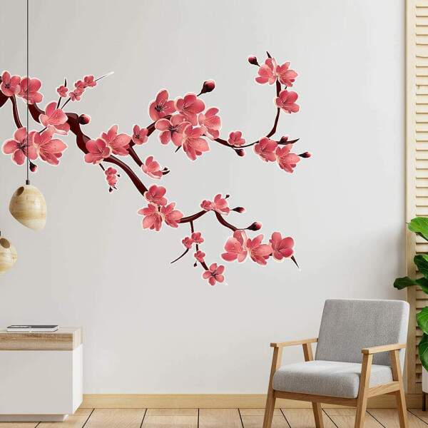 Adesivo de Parede Floral Sakura em Galhos Repleto de Flores Vermelhas