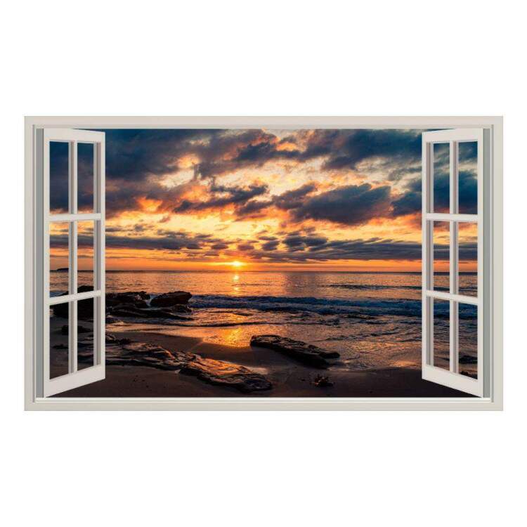 Adesivo de Parede de Janela Falsa Paisagem de Praia Tropical ao Entardecer