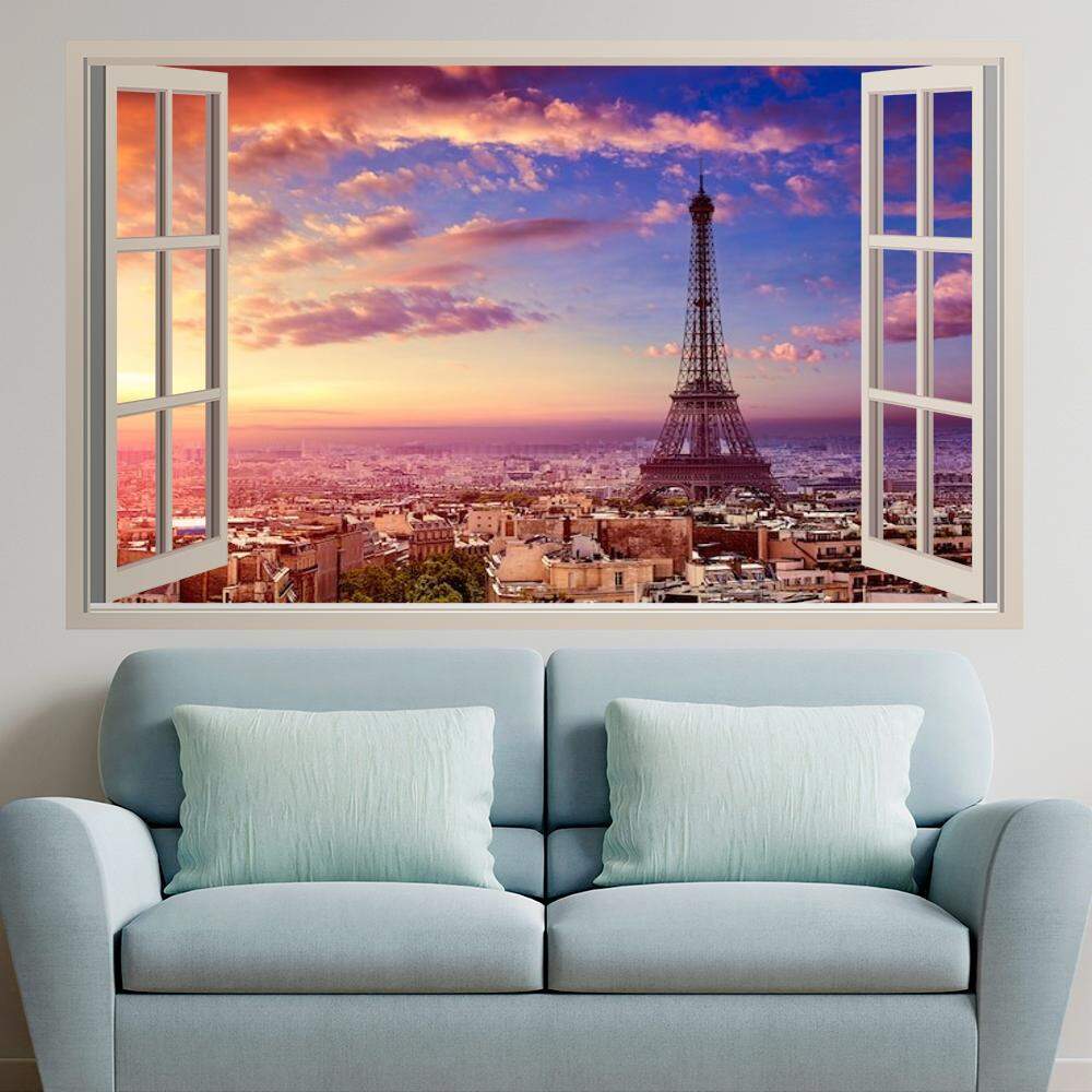 Adesivo de Parede de Janela Falsa Paisagem Urbana Torre Eiffel Pr-do-Sol