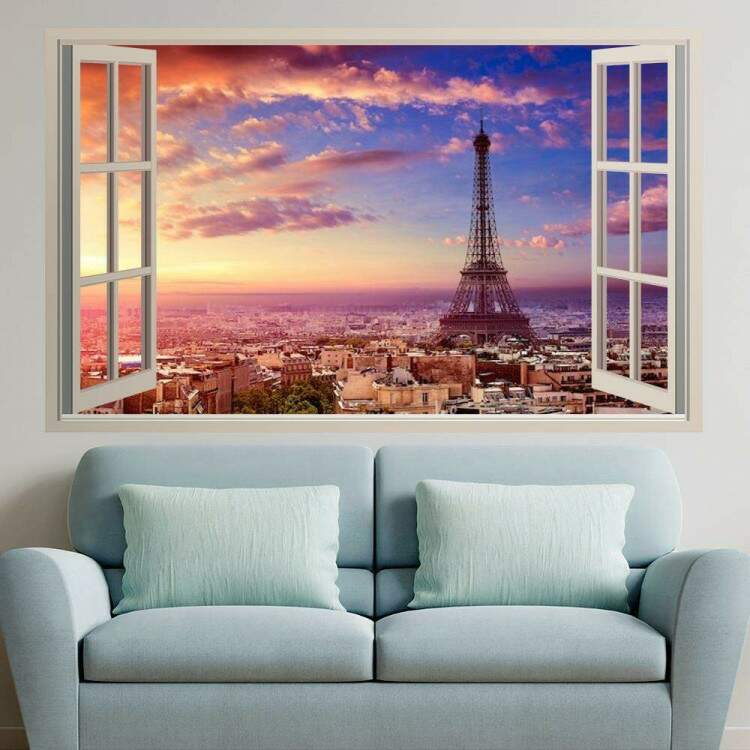 Adesivo de Parede de Janela Falsa Paisagem Urbana Torre Eiffel Pr-do-Sol