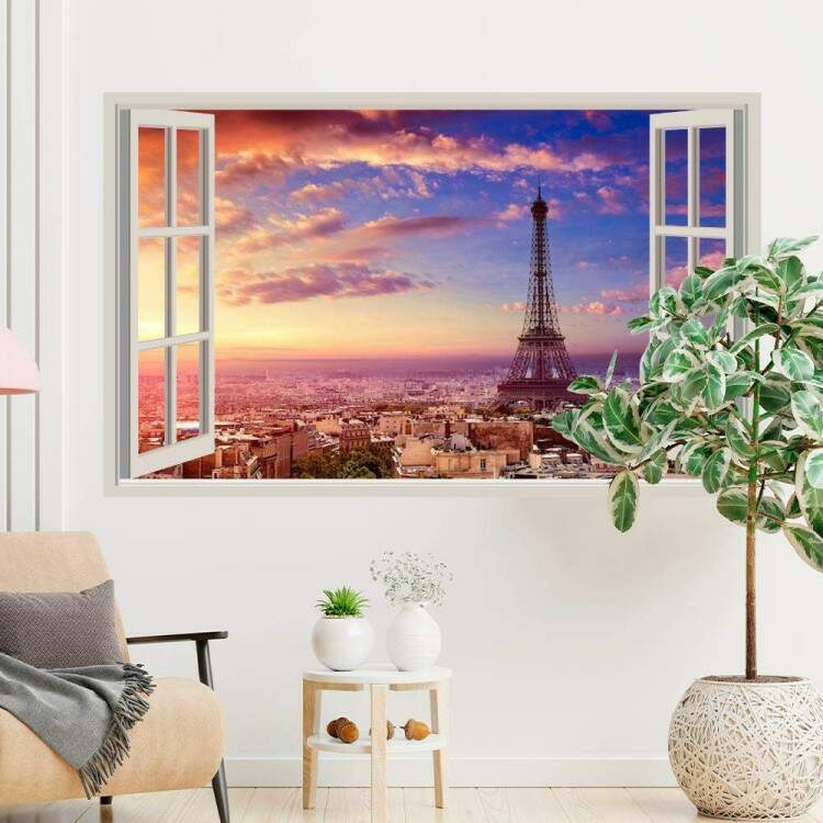 Adesivo de Parede de Janela Falsa Paisagem Urbana Torre Eiffel Pr-do-Sol
