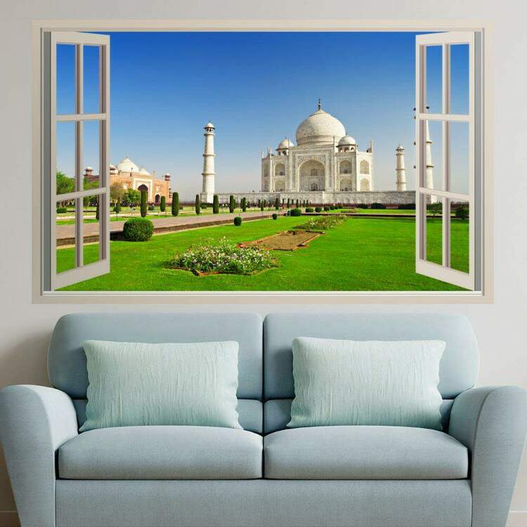 Adesivo de Parede de Janela Falsa Paisagem Urbana de Monumento Taj Mahal