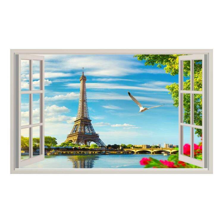 Adesivo de Parede de Janela Falsa Paisagem Urbana Torre Eiffel com Pssaro